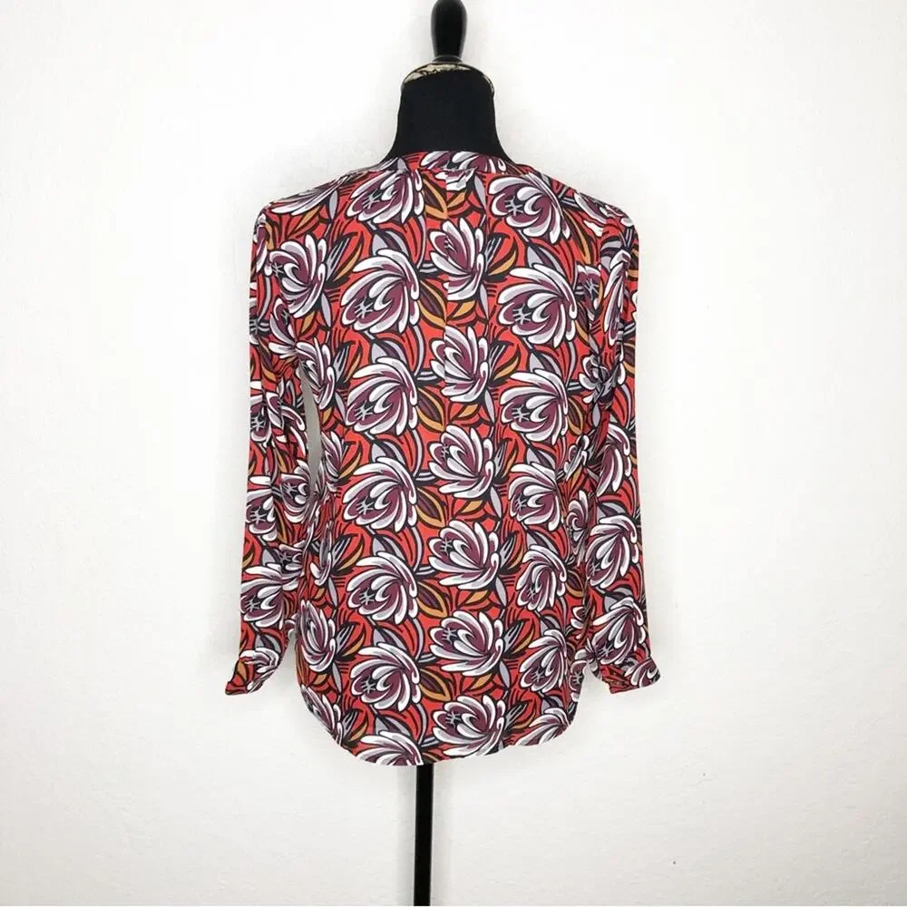 LOFT orange maroon white floral long sleeve top size Extra Small Petite XSP